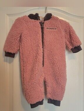 Disney One Piece Minnie Pink Plush Sherpa Jumpsuit with Hood & Gray Trim 6-9 mos